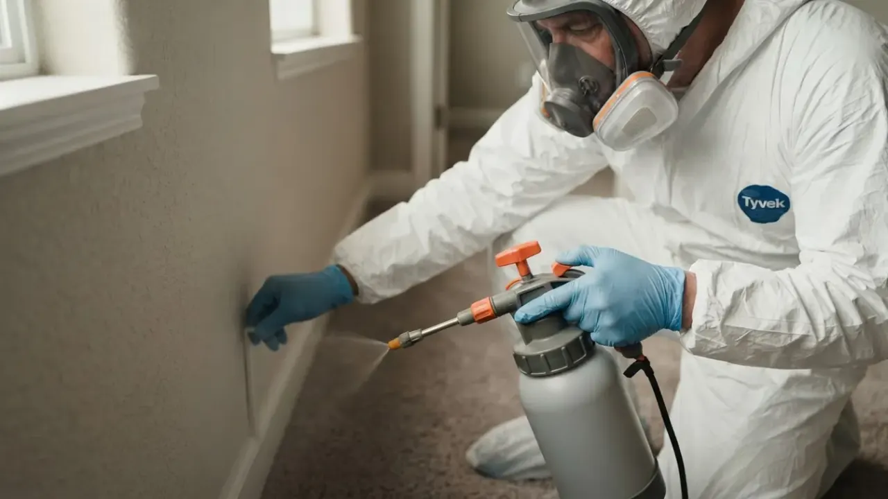 Unattended Death Cleanup in San Luis Obispo: close-up of a pressure sprayer being used by a gloved hand to apply an