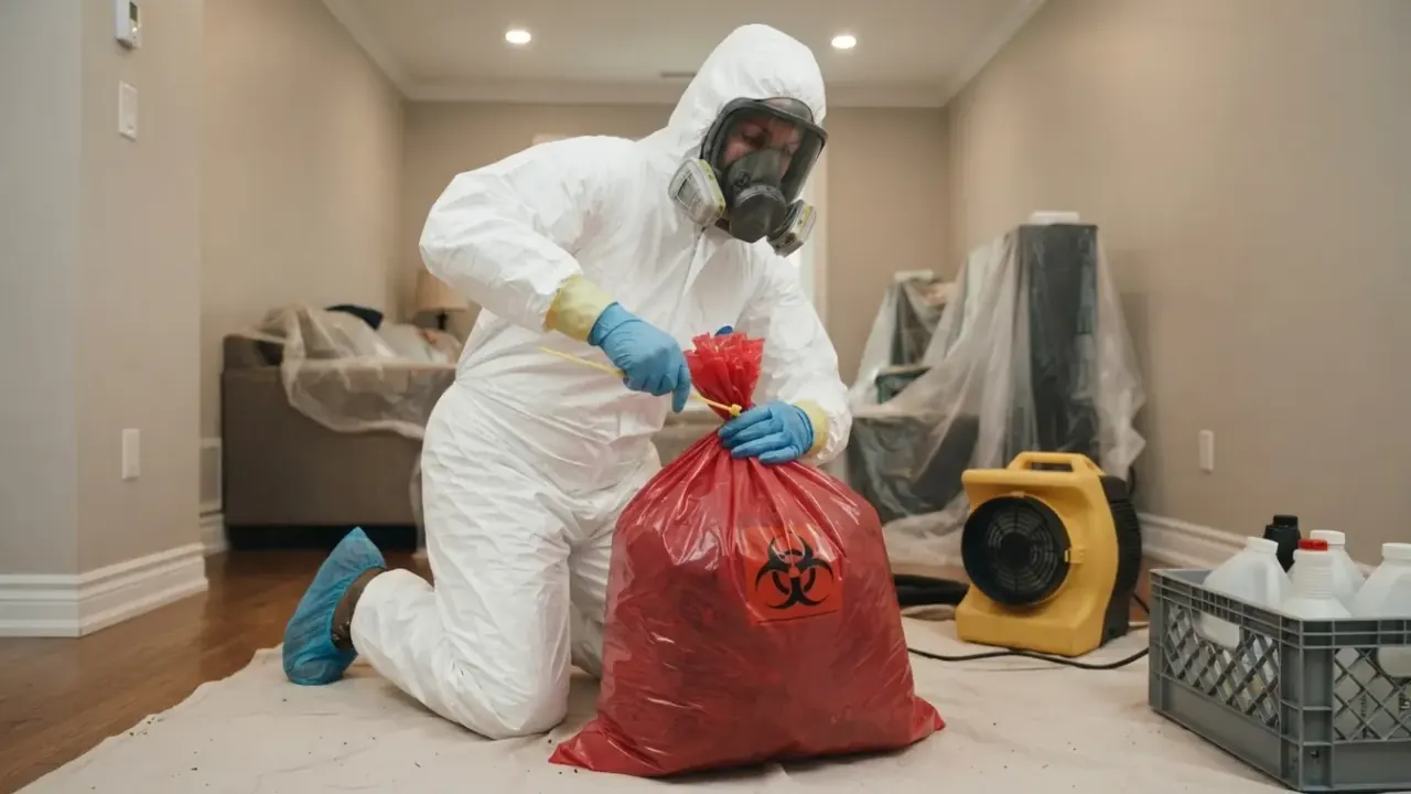 Unattended Death Cleanup in San Luis Obispo: biohazard remediation specialist in full PPE carefully sealing a red biohazard
