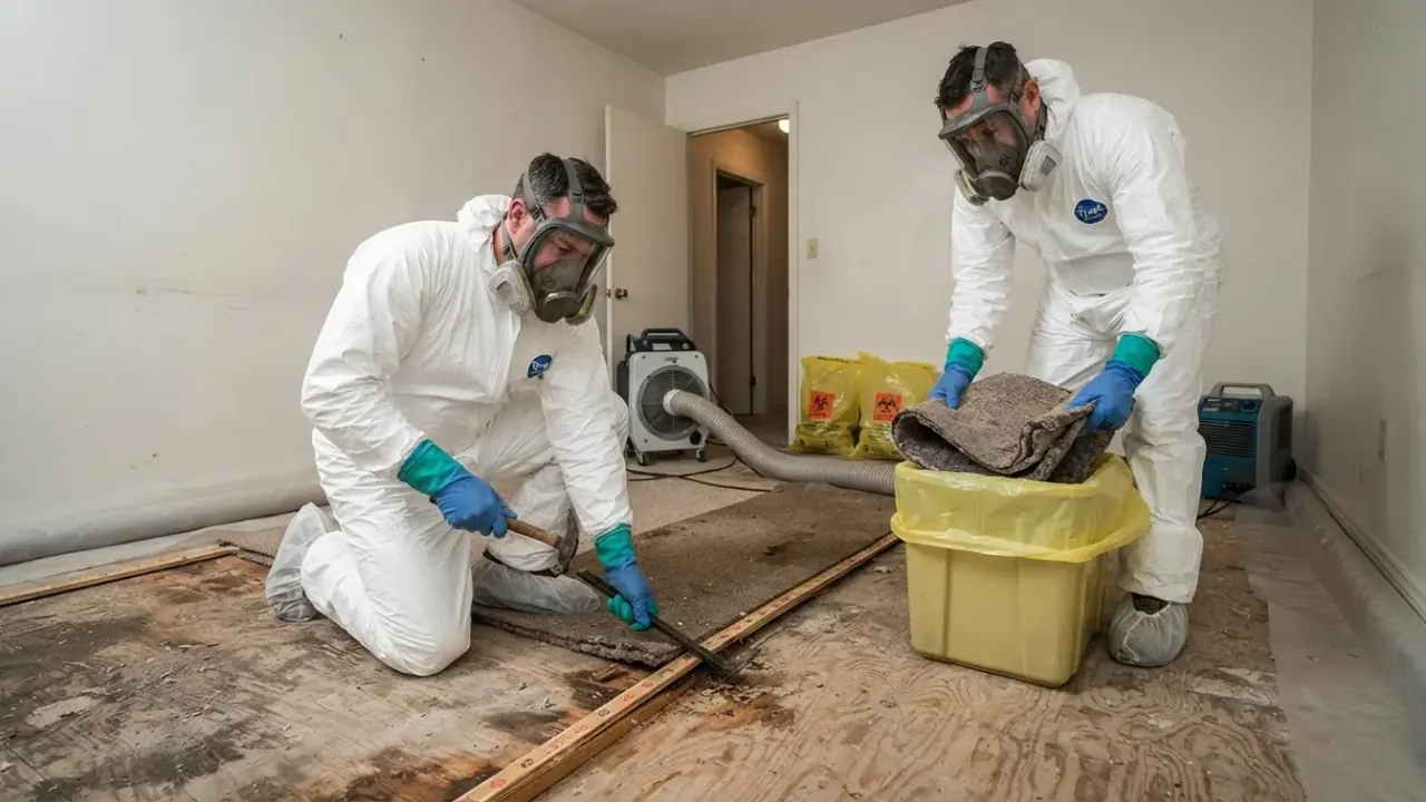 Unattended Death Cleanup in San Luis Obispo: team of two biohazard remediation specialists in full PPE methodically removing