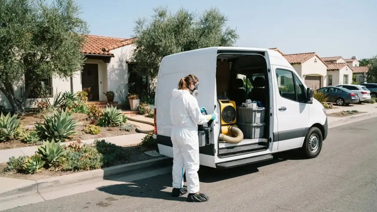 Unattended Death Cleanup in San Luis Obispo: wide shot of a work van, clean and unbranded, parked discreetly in front of a