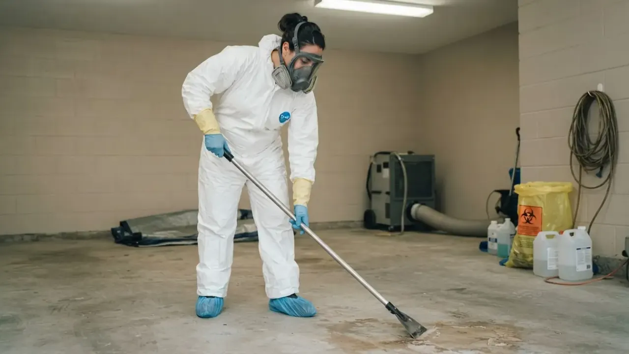 Homicide Cleanup in San Luis Obispo: biohazard remediation specialist in full PPE meticulously scraping dried biological