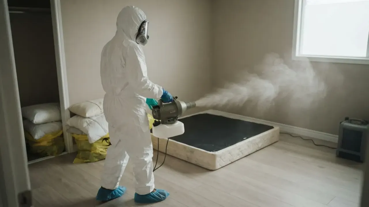 Biohazard Cleanup in San Luis Obispo: biohazard remediation specialist in a full Tyvek suit and respirator using a fogging