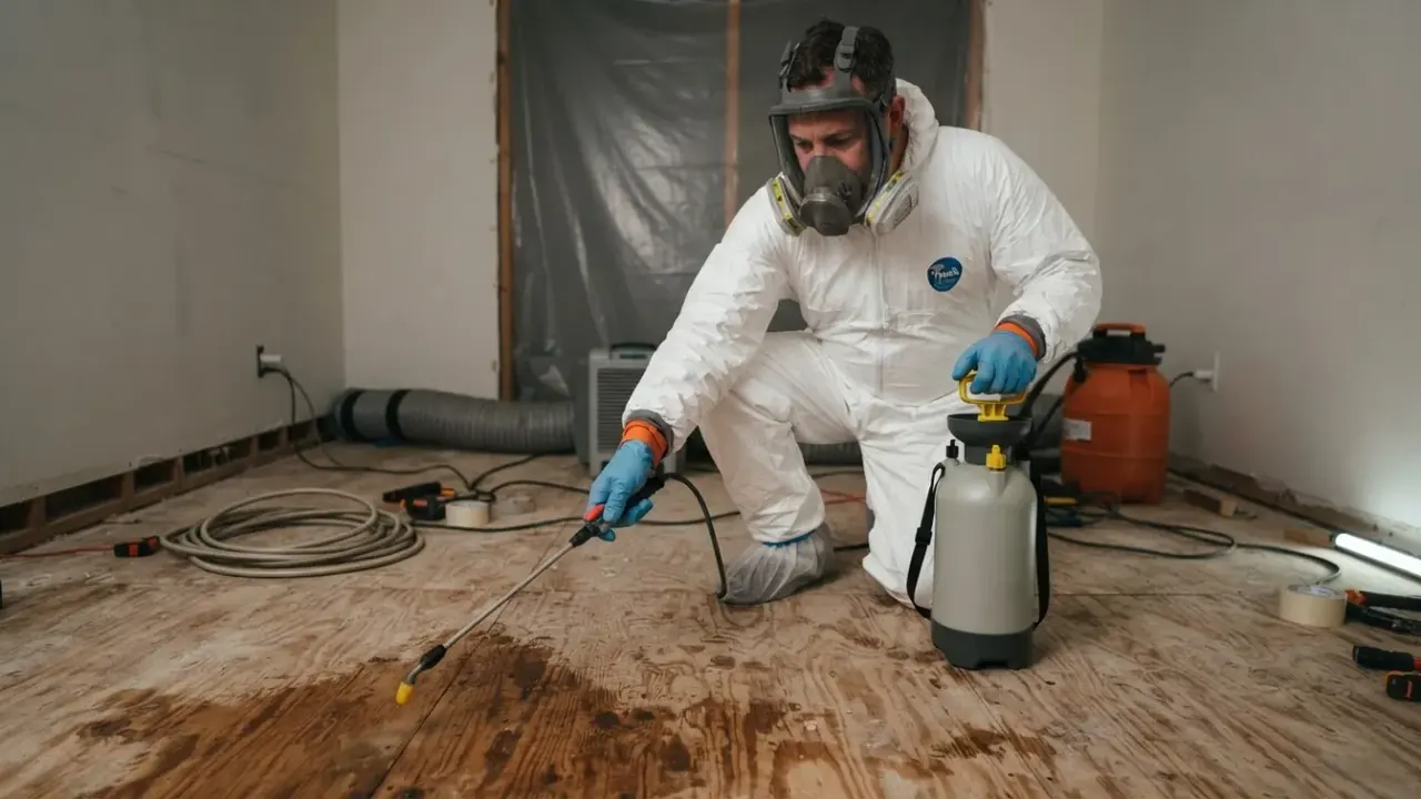 Suicide Cleanup in San Luis Obispo: biohazard remediation specialist applying an advanced odor encapsulating agent with a