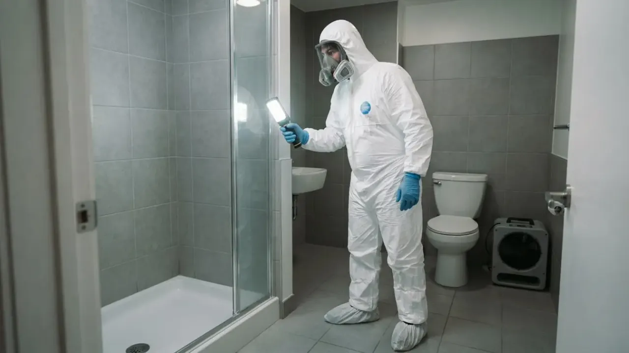 Unattended Death Cleanup in San Luis Obispo: biohazard remediation specialist in full PPE conducting a final visual